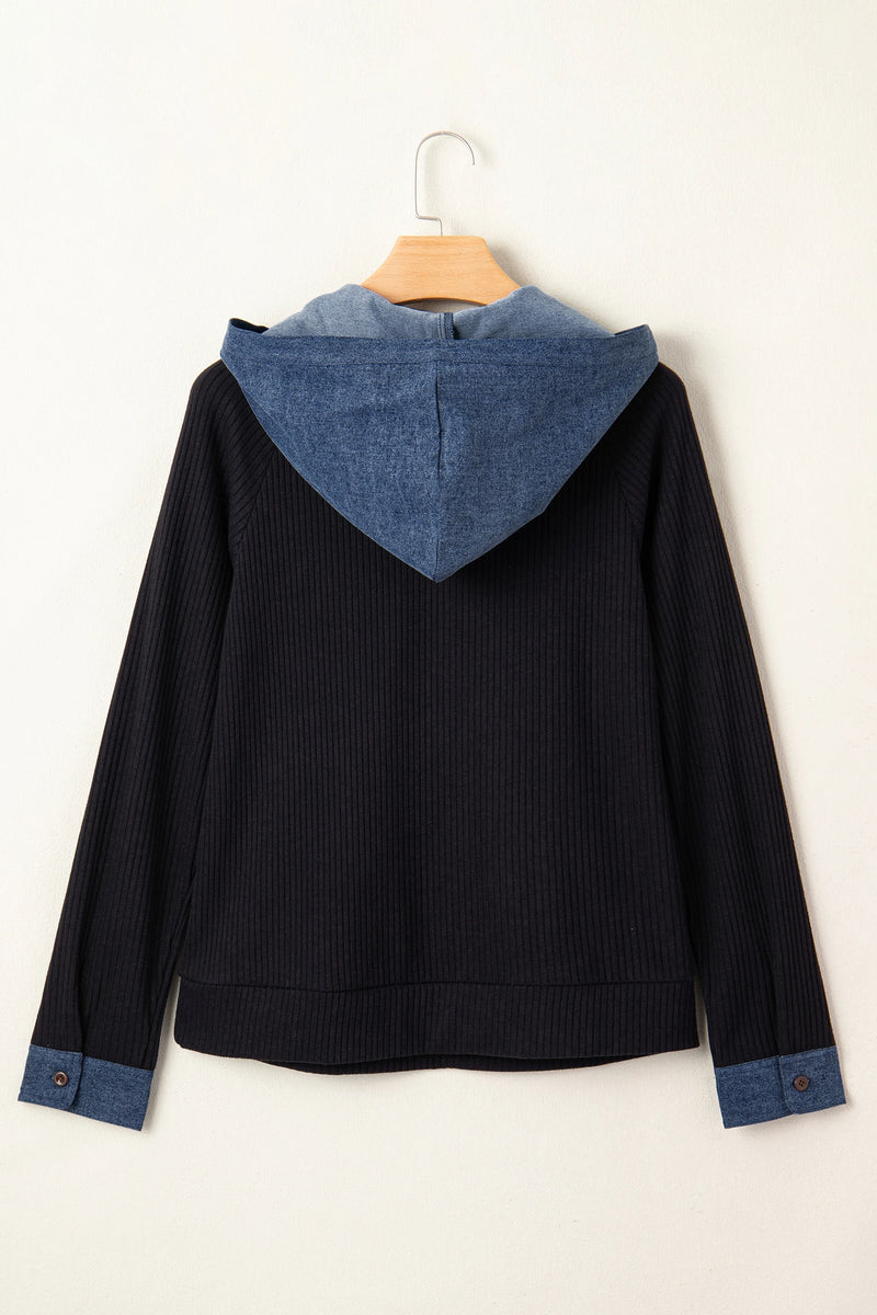 Load image into Gallery viewer, DLLS931 - Ladies Black Ribbed Knit Contrast Denim Patchwork Hooded Long Sleeve Top
