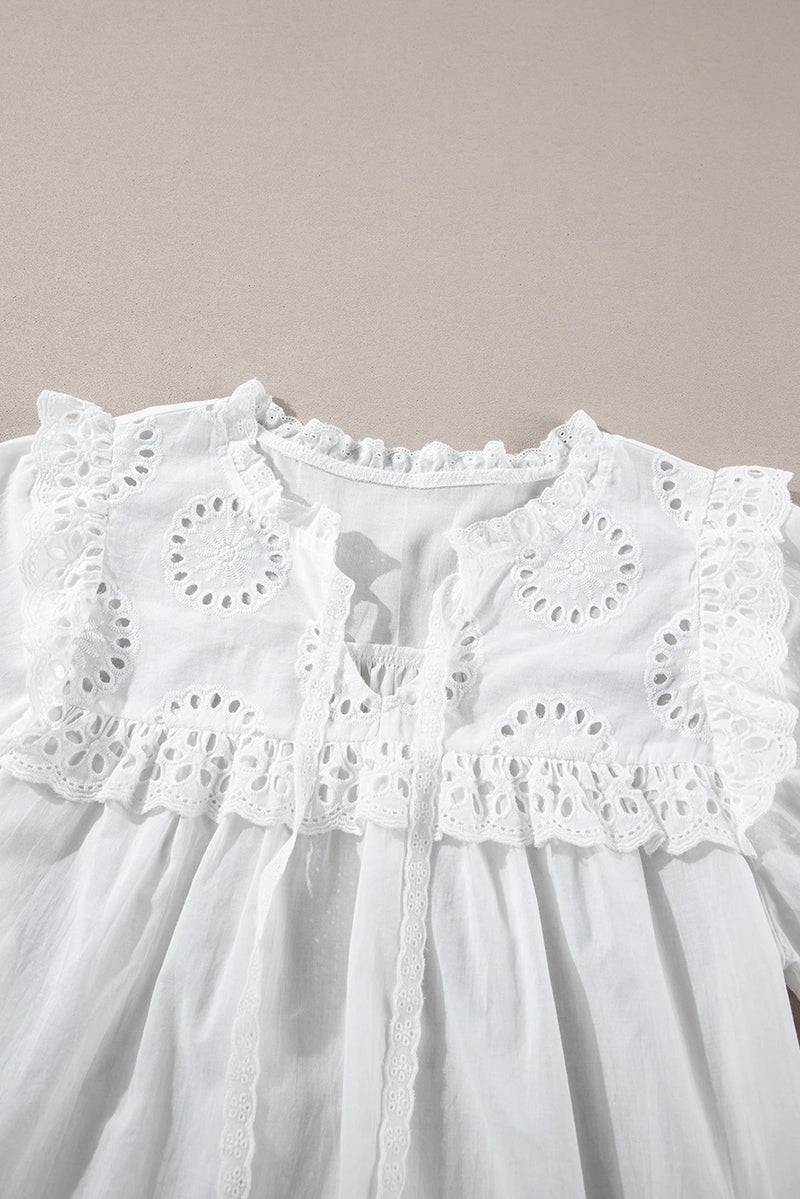 Load image into Gallery viewer, DLLS366 - Ladies White Embroidered Lace Patchwork Tie Neck Puff Short Sleeve Blouse

