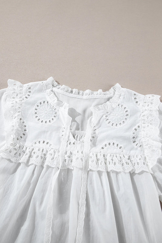 DLLS366 - Ladies White Embroidered Lace Patchwork Tie Neck Puff Short Sleeve Blouse