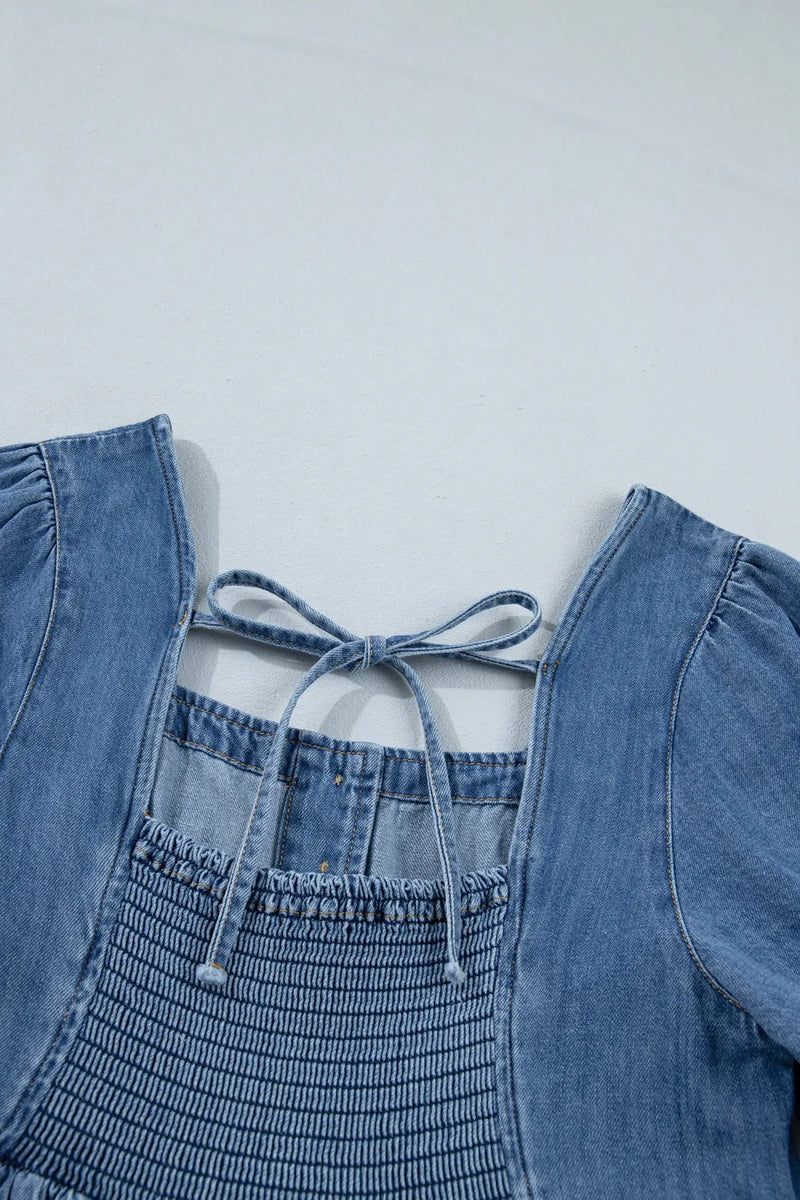 Load image into Gallery viewer, DLLS596 - Ladies Prussian Blue Button Square Neck Short Puff Sleeve Denim Mini Dress
