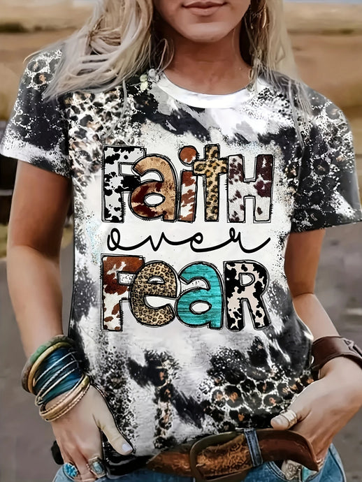 TMTSHT114 - Ladies Leopard Print Faith Over Fear T Shirt