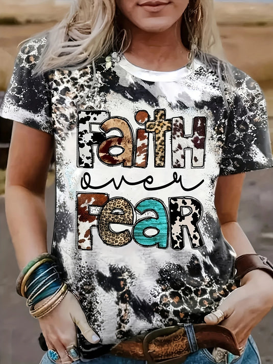TMTSHT114 - Ladies Leopard Print Faith Over Fear T Shirt