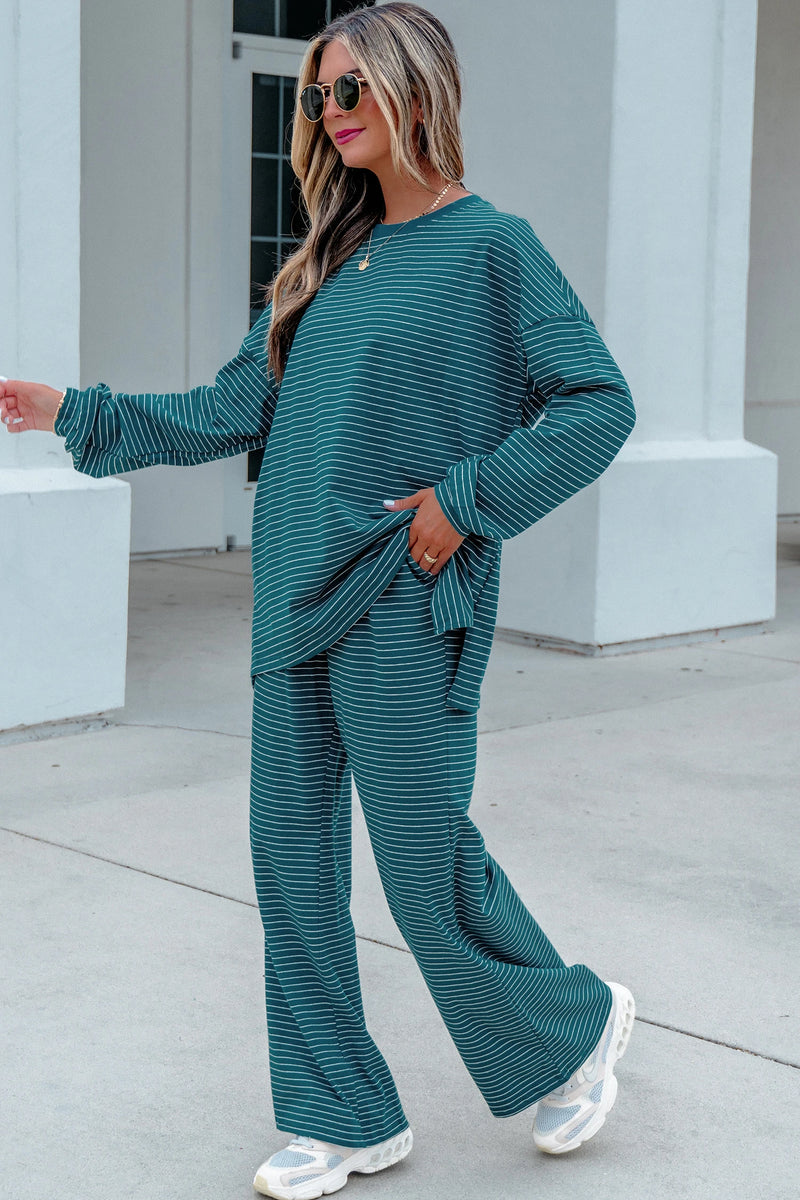 Load image into Gallery viewer, DLLS1085 - Ladies Green Stripe Long Sleeve Top Elastic Waist Pants Casual 2pcs Set
