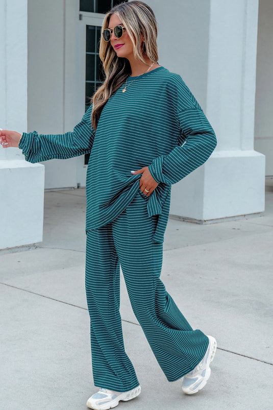 DLLS1085 - Ladies Green Stripe Long Sleeve Top Elastic Waist Pants Casual 2pcs Set