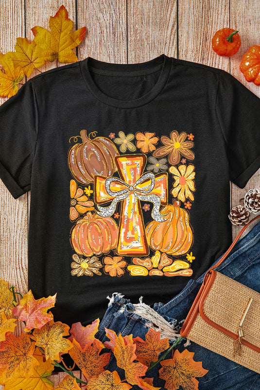 DLLS992 - Ladies Black Thanksgiving Pray Cross Pumpkin Graphic Cotton Blend Tee