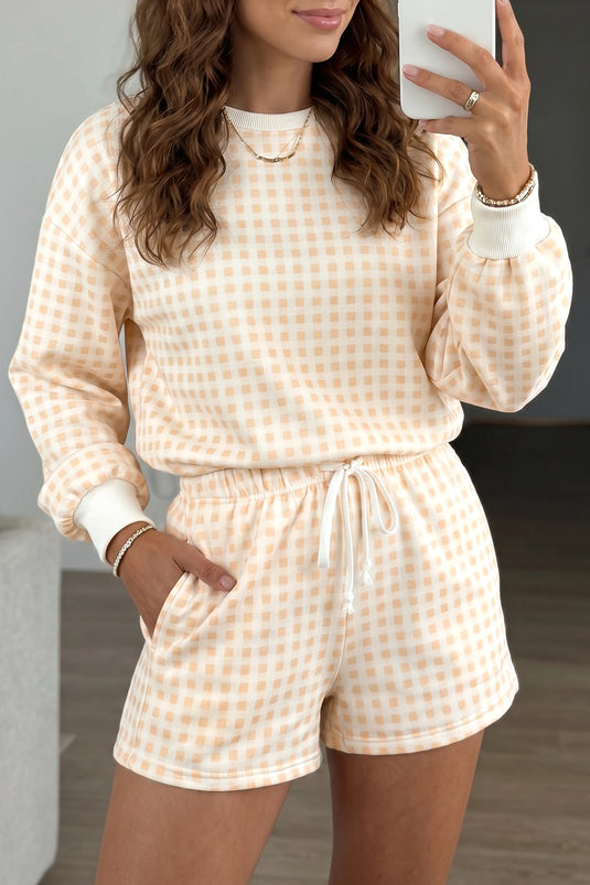 DLLS770 - Ladies Yellow Plaid Baggy Pullover Drawstring Casual Shorts 2pcs Outfit