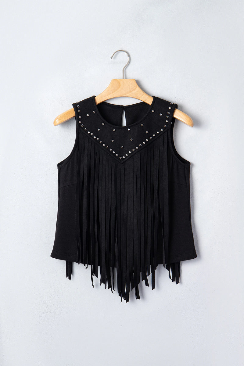 Load image into Gallery viewer, DLLS671 - Ladies Black Button Keyhole Stud Tassel Detail Sleeveless Top
