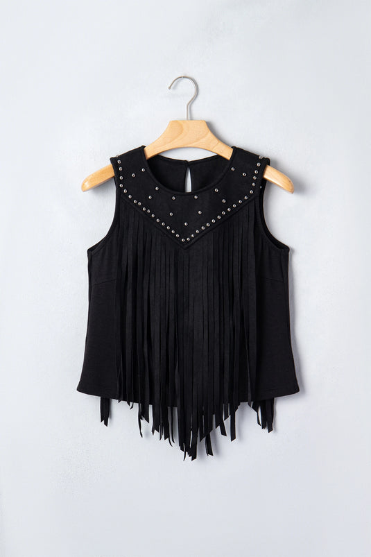 DLLS671 - Ladies Black Button Keyhole Stud Tassel Detail Sleeveless Top