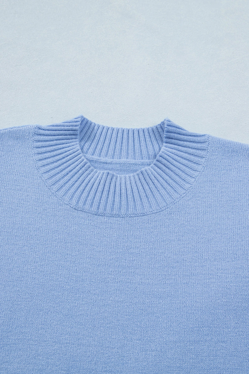 Load image into Gallery viewer, DLLS578 - Ladies Blue Solid Color Ribbed Trim Round Neck Ruffle Short Sleeve Sweater
