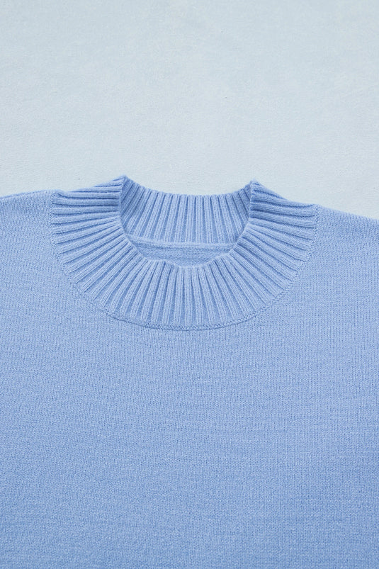 DLLS578 - Ladies Blue Solid Color Ribbed Trim Round Neck Ruffle Short Sleeve Sweater