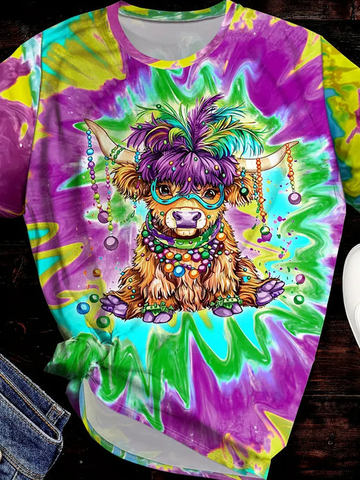 TMTSHT136 - Ladies Tie Dye Highland Cow Print T Shirt