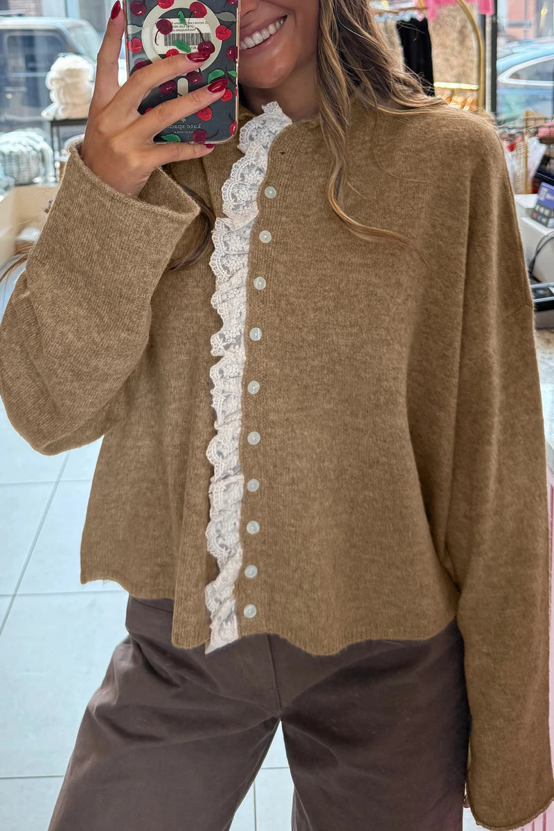 Load image into Gallery viewer, DLLS413 - Ladies Simply Taupe Contrast Frilled Lace Trim Loose Cardigan Sweater
