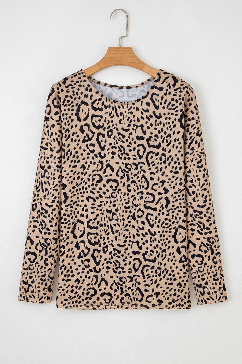 Load image into Gallery viewer, DLLS173 - Ladies Khaki Leopard Print Long Batwing Sleeve Loose Top
