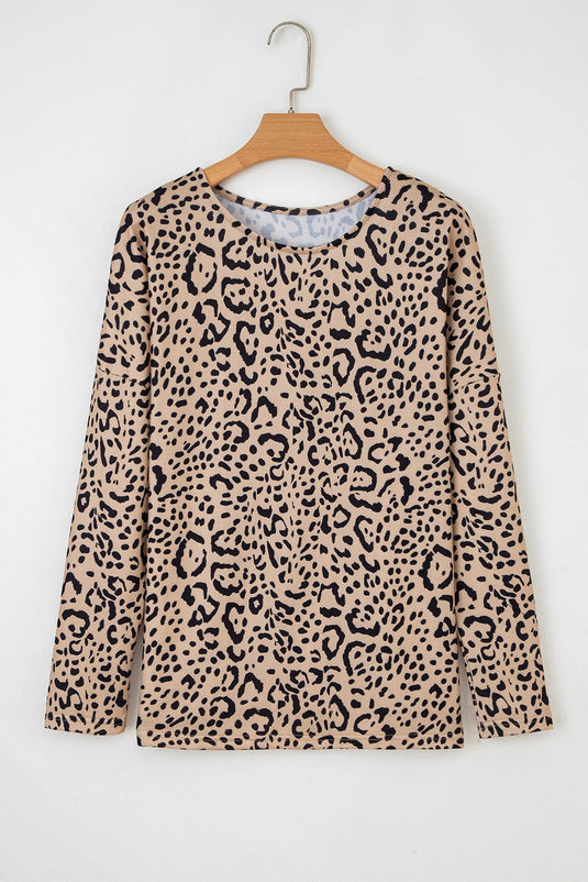DLLS173 - Ladies Khaki Leopard Print Long Batwing Sleeve Loose Top