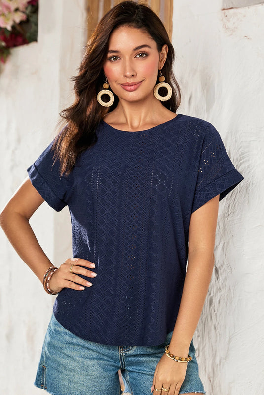 DLLS441 - Ladies Navy Blue Solid Color Eyelet Jacquard Cuffed Short Sleeve Top
