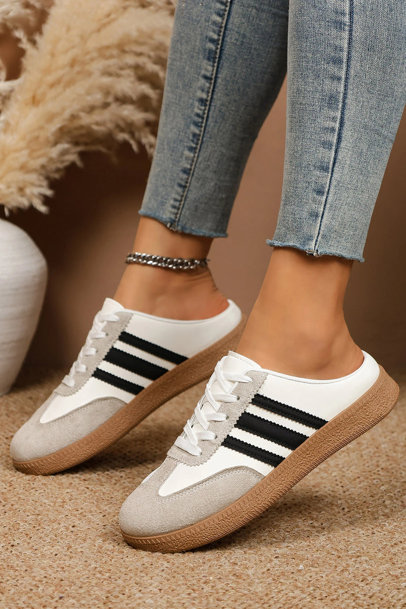 Load image into Gallery viewer, DLLSHOE 147 - White PU Leather Color Block Varsity Lace Up Flat Shoes
