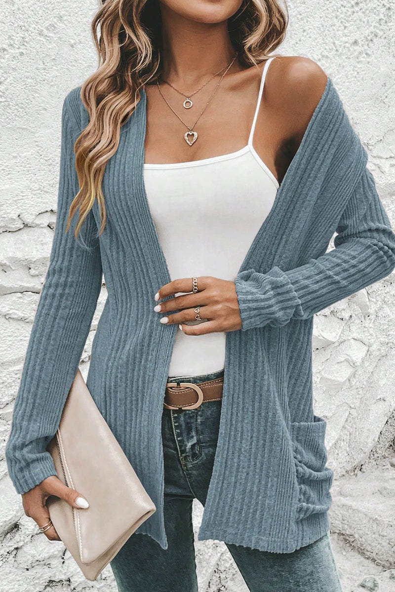 Load image into Gallery viewer, DLLS307 - Ladies Stone Blue Ribbed Open Front Knitted Top with Pockets
