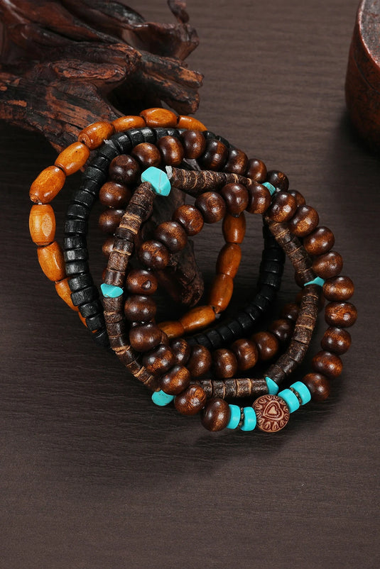 DLLBC 9 - Chestnut Boho Turquoise Wooden Beaded Multi Layer Bracelet
