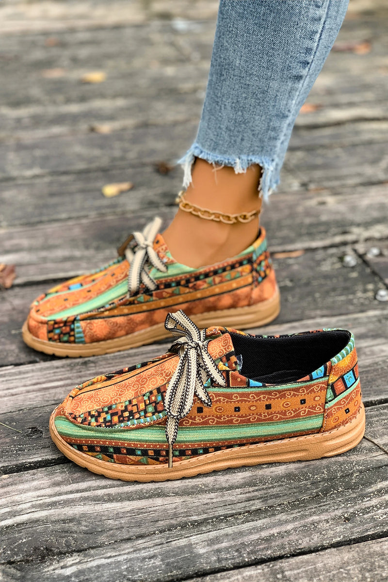 Load image into Gallery viewer, DLLSHOE 6 - Mustard Ethnic Artistic Print Lace-Up Detail Comfort Loafer Shoes
