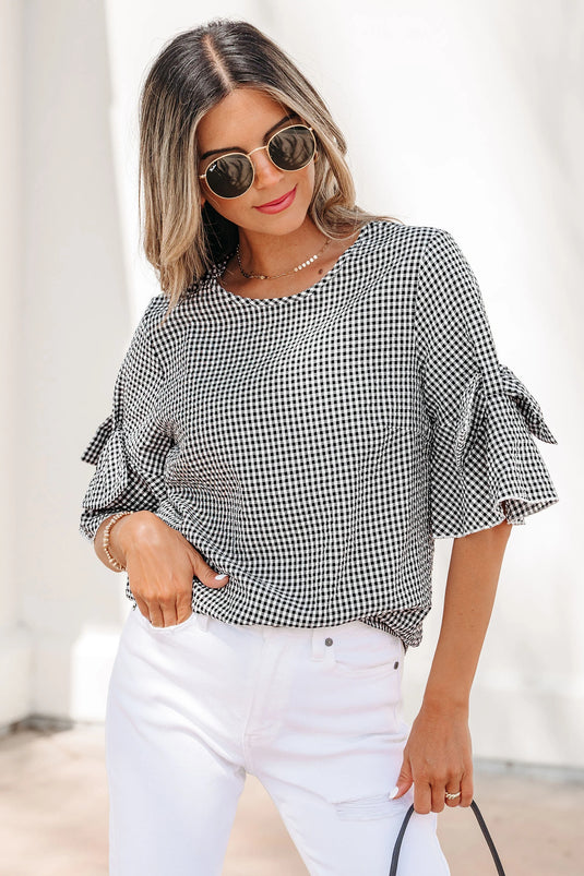 DLLS632 - Ladies Black Plaid Bow Ruffled Half Sleeve Round Neck Blouse