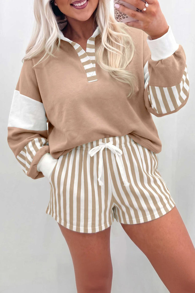 Load image into Gallery viewer, DLLS1102 - Ladies Smoke Gray Striped Color Block Pullover Top Drawstring Shorts Set
