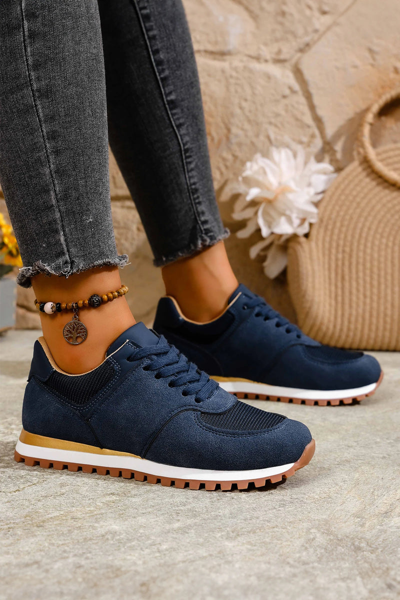 Load image into Gallery viewer, DLLSHOE 54 - Navy Blue Faux Suede Mixed Patchwork Retro Jogger Sneakers
