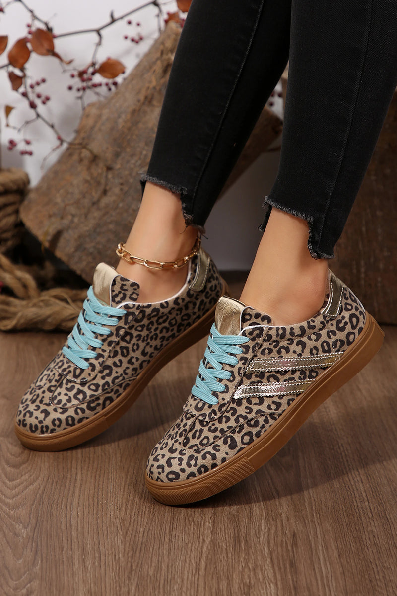 Load image into Gallery viewer, DLLSHOE 17 - Coffee Faux Suede Leopard Print Sleek PU Leather Detail Lace Up Sneakers
