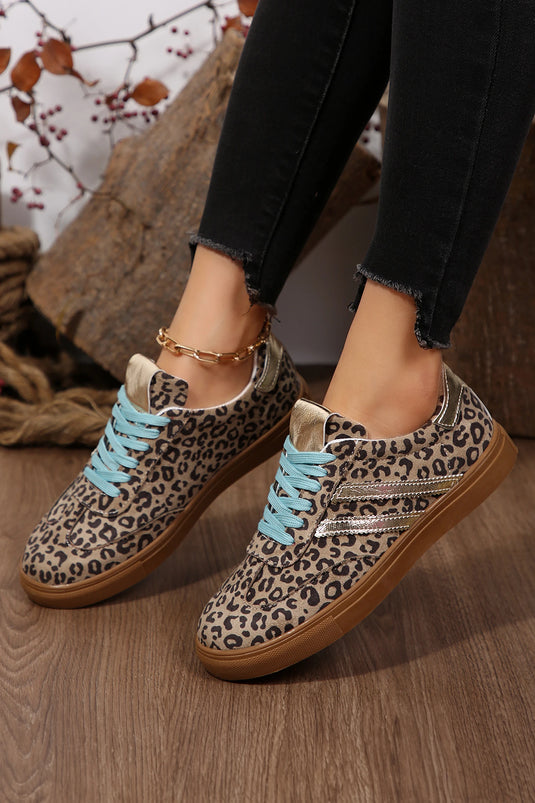 DLLSHOE 17 - Coffee Faux Suede Leopard Print Sleek PU Leather Detail Lace Up Sneakers