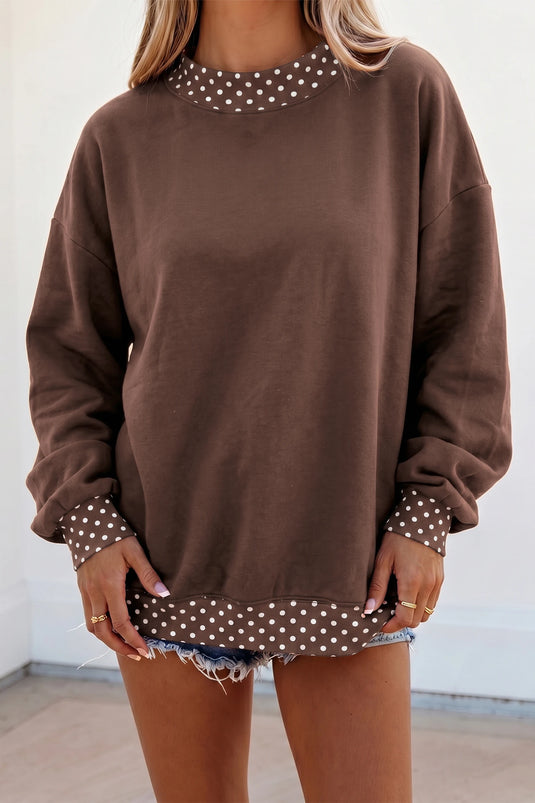 DLLS874 - Ladies Brown Colorblock Polka Dot Contrast Trim Oversized Sweatshirt