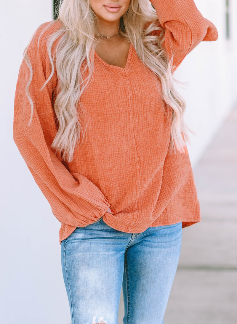 Load image into Gallery viewer, DLLS106 - Ladies Orange Crinkle Textured Frill Split Neck Puff Sleeve Blouse
