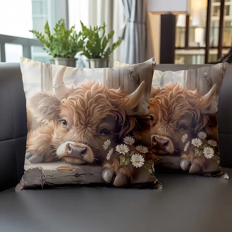 Load image into Gallery viewer, TMPL133 - 2 Piece Set - 18&quot; x 18&quot; Highland Cow &amp; Daisies Throw Pillows
