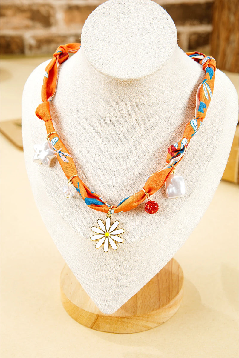 Load image into Gallery viewer, DLLNK 9 - Orange Dragonfly Print Daisy Flower Pearl Crystal Decor Ribbon Necklace
