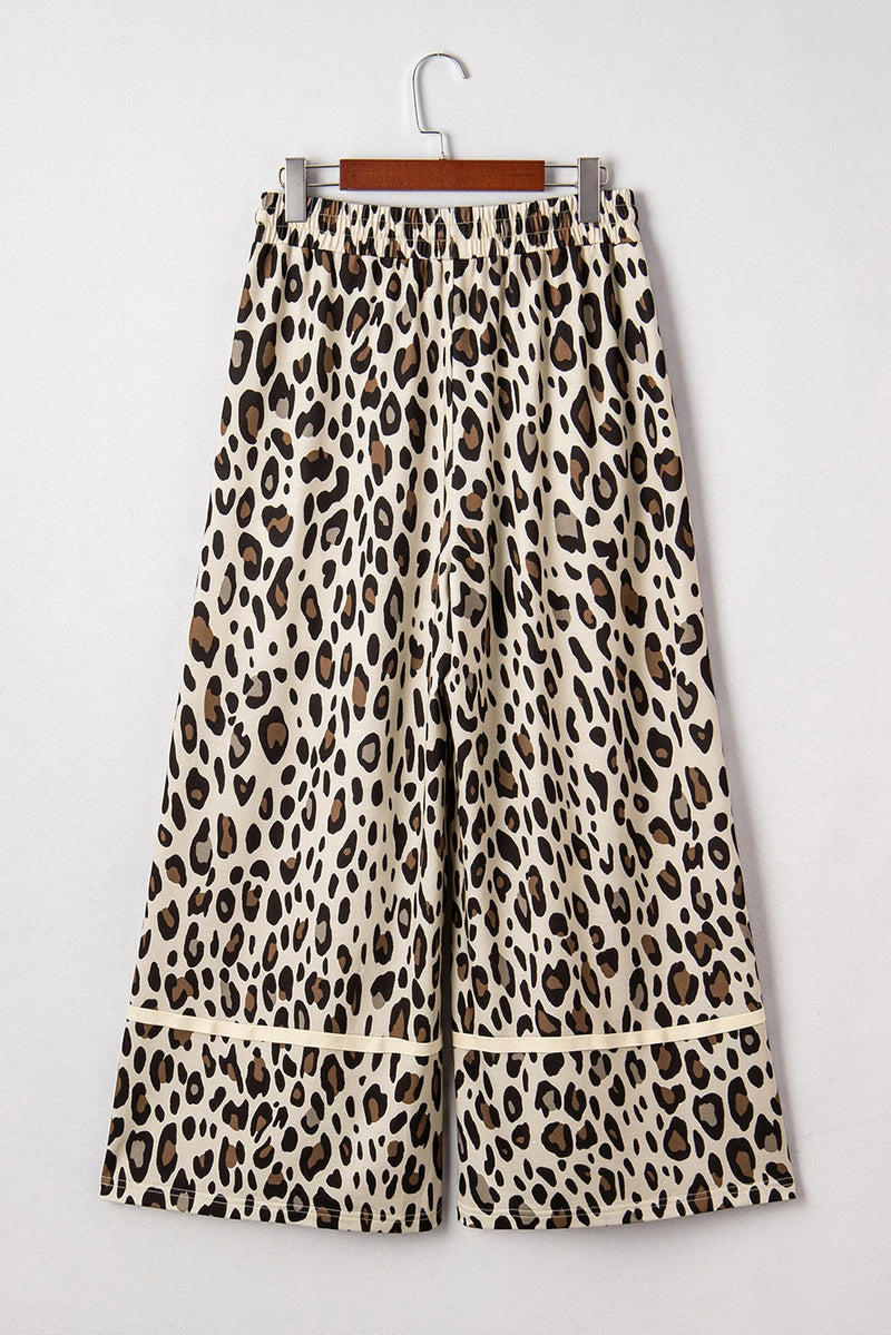 Load image into Gallery viewer, DLLS590 - Ladies Khaki Leopard Wide Leg Cropped Pants
