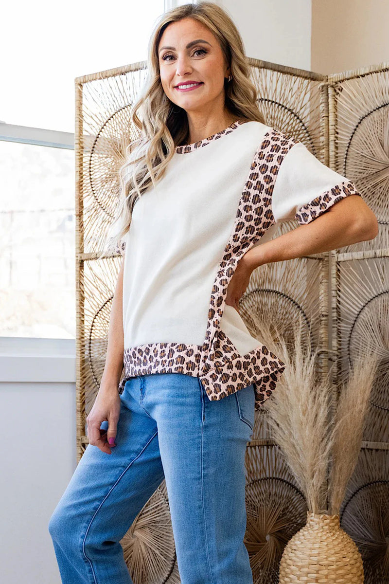 Load image into Gallery viewer, DLLS587 - Ladies White Ribbed Leopard Patchwork Uneven Hem T Shirt
