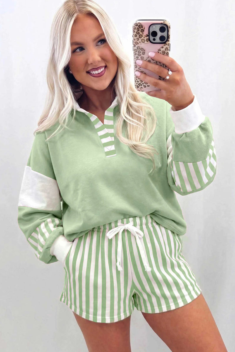 Load image into Gallery viewer, DLLS893 - Ladies Smoke Green Striped Color Block Pullover Top Drawstring Shorts Set

