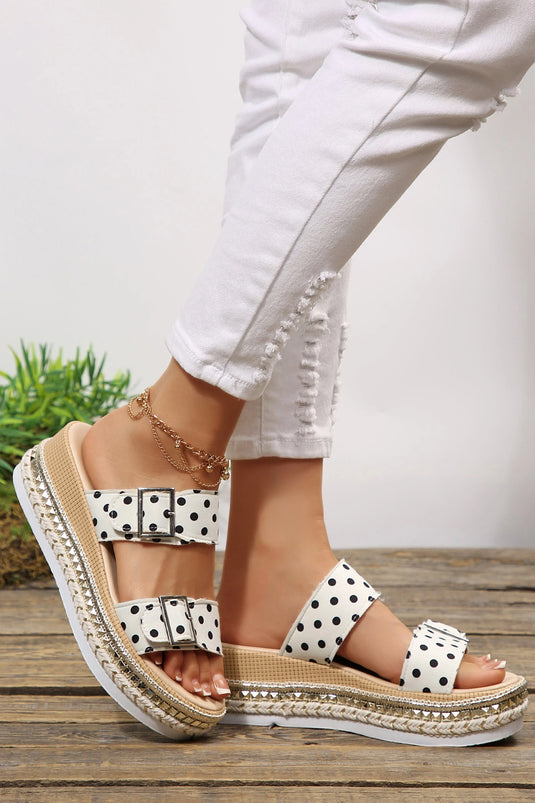 DLLSHOE 163 - White Polka Dot Pattern Double Buckle Straps Hollow Out Platform Slippers
