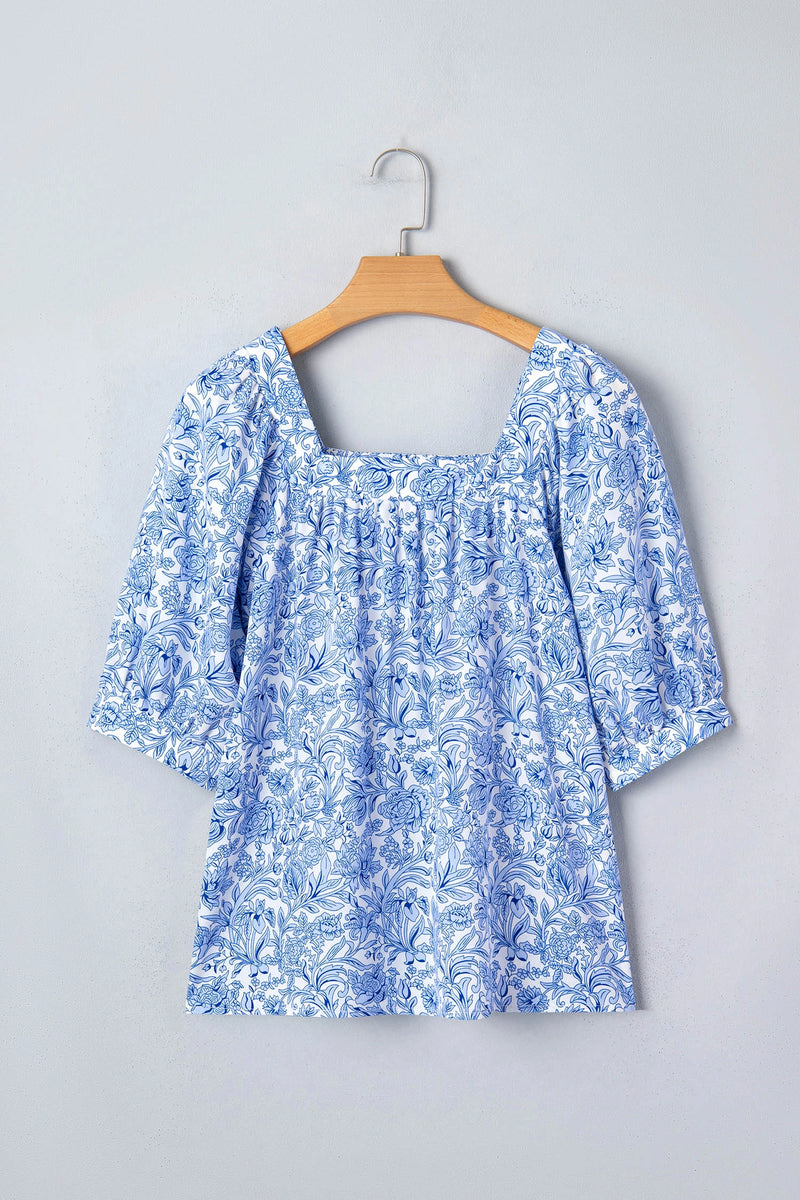 Load image into Gallery viewer, DLLS936 - Ladies Sky Blue Square Neck Short Puff Sleeve Pleated Floral Blouse
