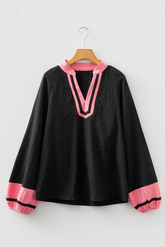DLLS434 - Ladies Black Color Block Patchwork Detail V Neck Textured Long Sleeve Blouse