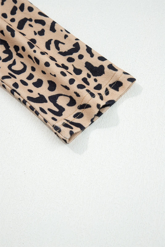 DLLS173 - Ladies Khaki Leopard Print Long Batwing Sleeve Loose Top