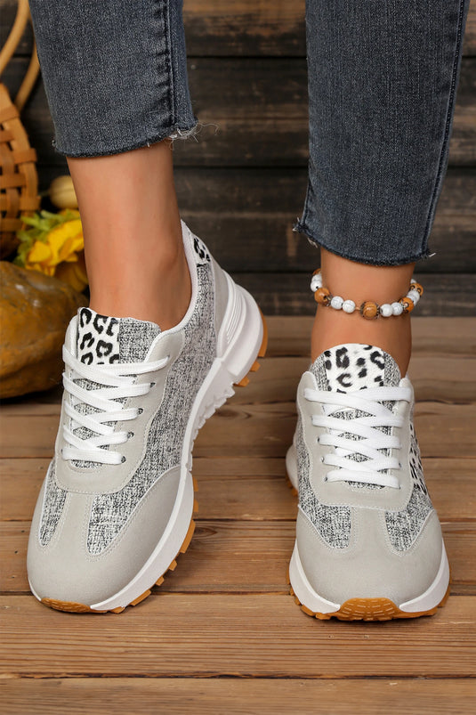DLLSHOE 75 - White Mix Texture Patchwork Leopard Detail Lace Up Sneakers