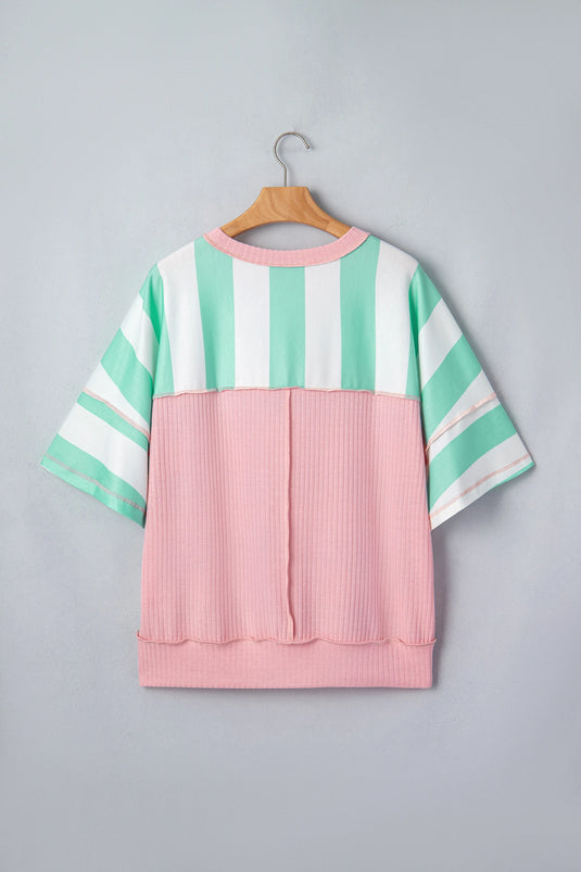 DLLS715 - Ladies Green Stripe Exposed Seam Ribbed Patchwork Oversized Tee