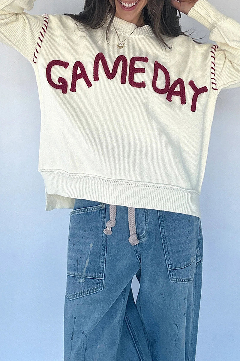 Load image into Gallery viewer, DLLS655 - Ladies Beige Game Day Letter Print Round Neck Long Sleeve Casual Pullover Sweater
