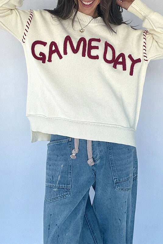 DLLS655 - Ladies Beige Game Day Letter Print Round Neck Long Sleeve Casual Pullover Sweater