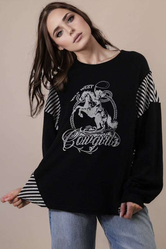Very 12 - Ladies Oversized Mixed Media Western Graphic Knit Top