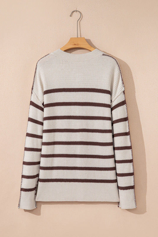 DLLS227 - Ladies Brown Stripe Ribbed Henley Drop Shoulder Slouchy Sweater