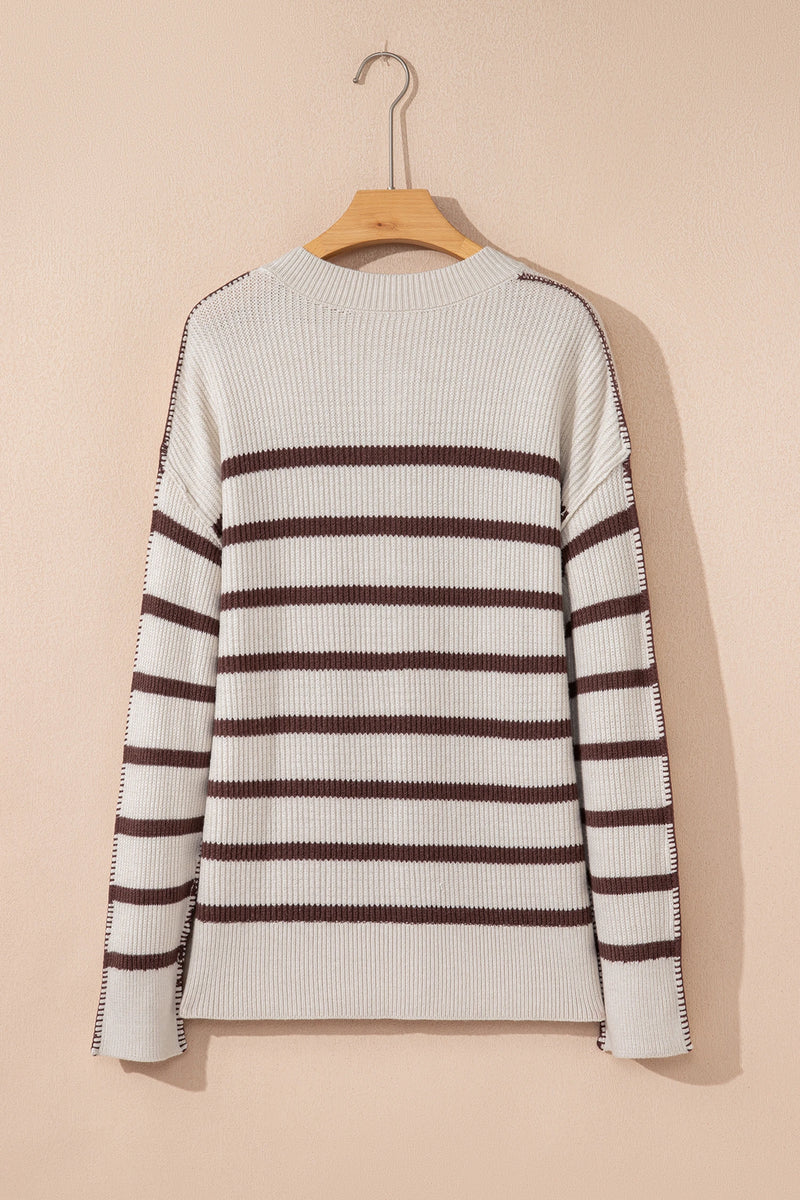 Load image into Gallery viewer, DLLS294 - Ladies Brown Stripe Ribbed Henley Drop Shoulder Slouchy Sweater
