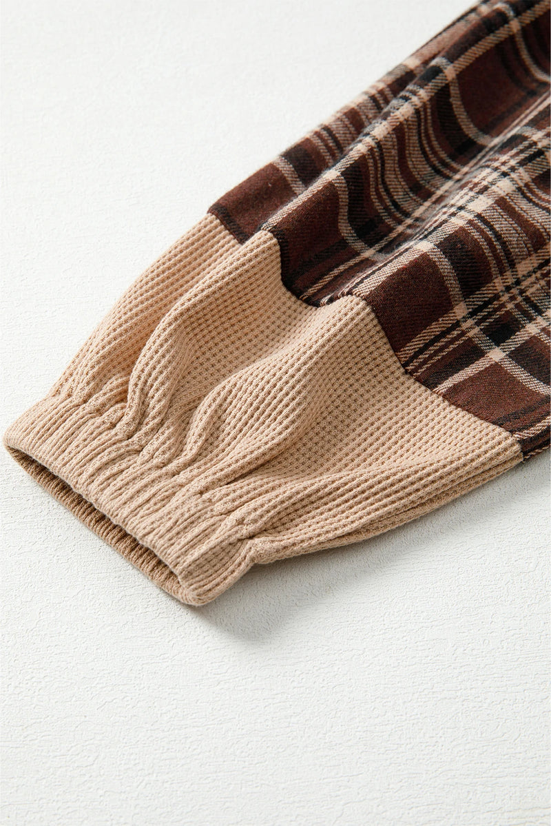 Load image into Gallery viewer, DLLS327 - Ladies Brown Plaid Patchwork Long Sleeve Button Hooded Blouse
