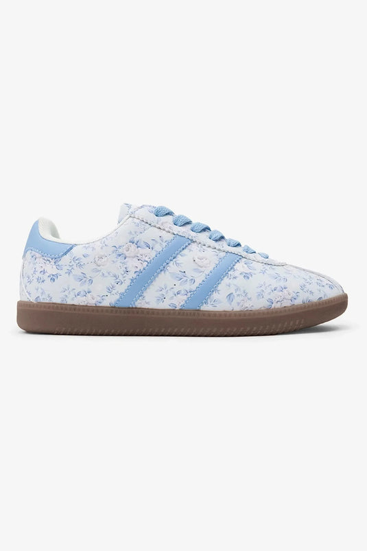 DLLSHOE 49 - Light Blue Floral Print Lace-Up PU Leather Flat Shoes