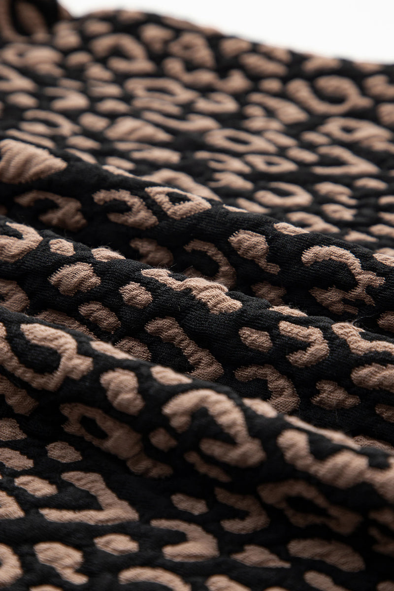 Load image into Gallery viewer, DLLS386- Ladies Black Leopard Print Puffy Bracelet Sleeve Contrast Trim Round Neck Top

