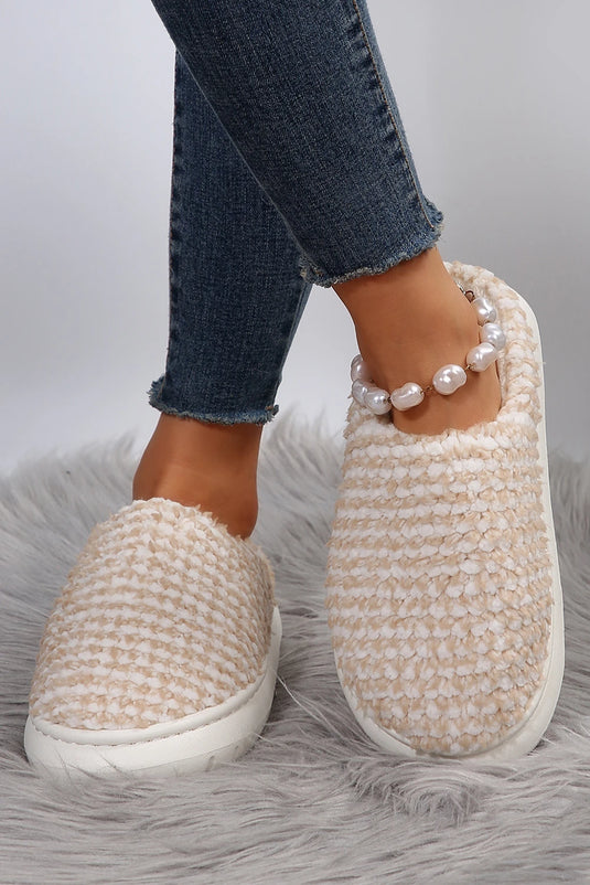DLLSHOE 193 - Pale Khaki Two-Tone Knitted Warm Homewear Slippers